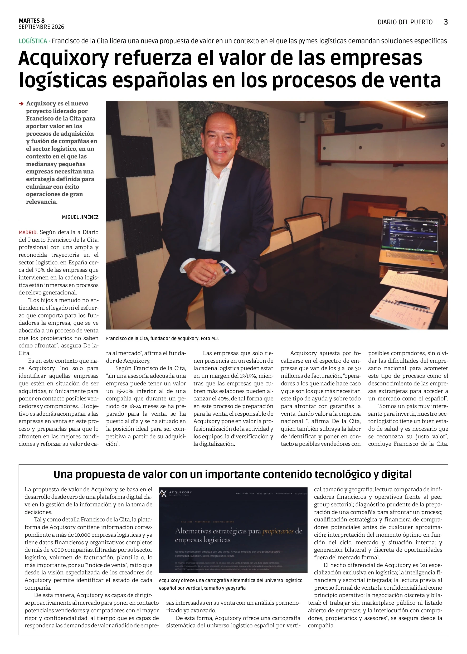 Reportaje de Diario del Puerto sobre ACQUIXORY y M&A logístico en España, 8 de septiembre de 2026